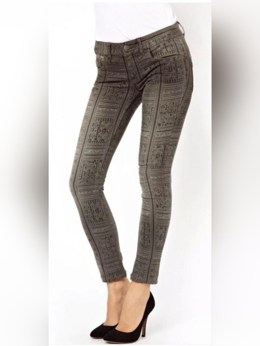 Free People Gray Patterned Slim Leg Pants